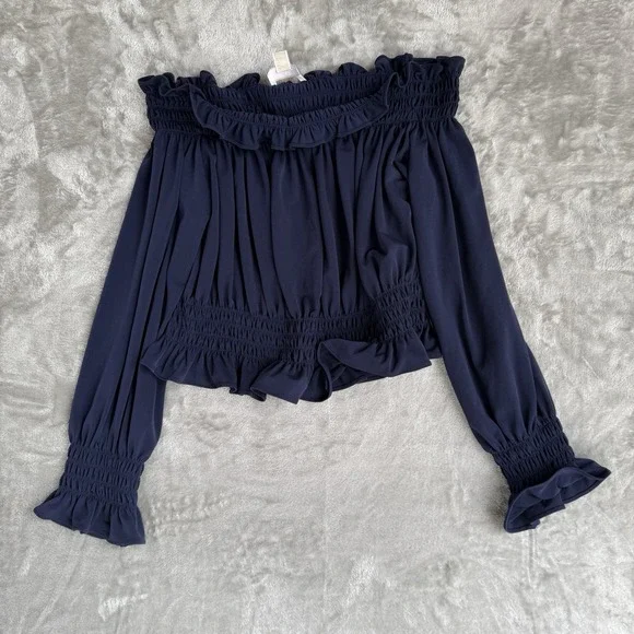 Michael Kors Romantic Boho Off Shoulder Smock Waist Ruffle Navy Peplum Blouse Lg - Picture 2 of 5